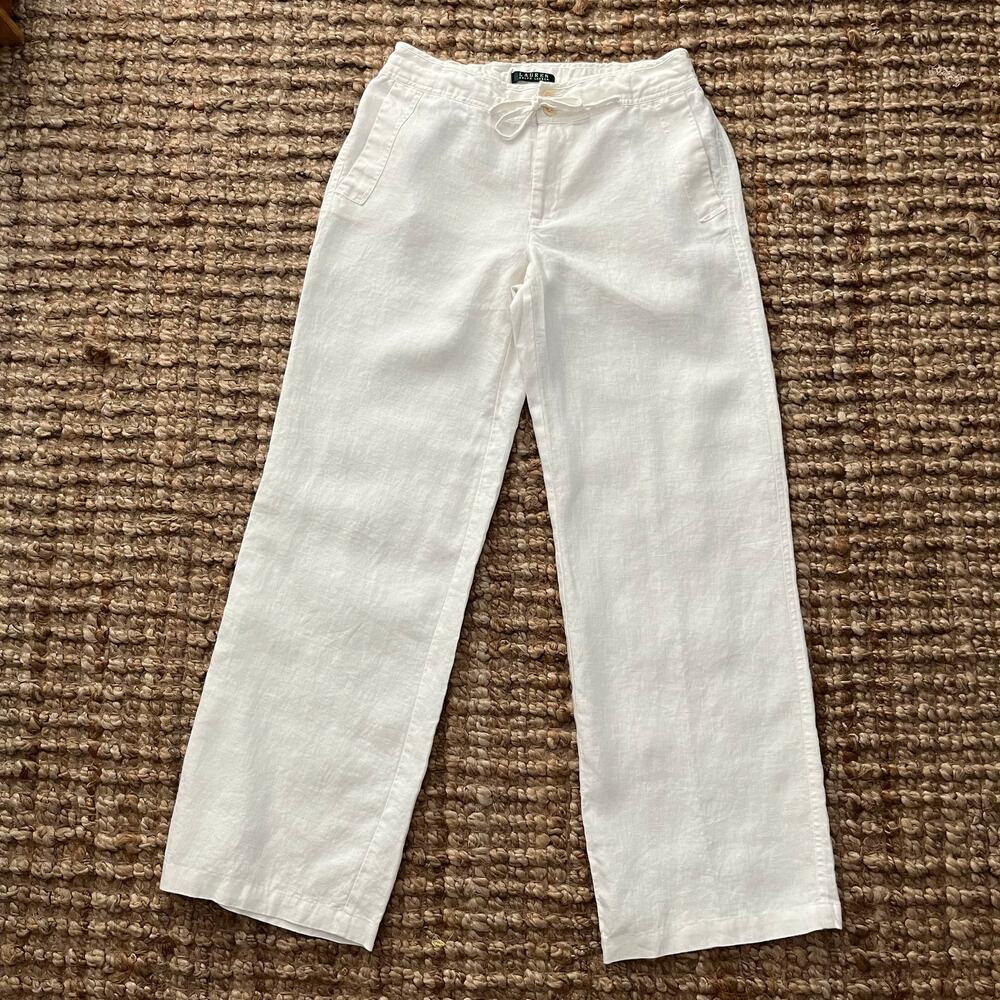 Lauren Ralph Lauren 100% Linen Wide Leg Pants White Women Size 6 Pull On Resort